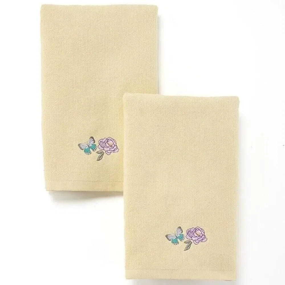 Valentina Butterfly Floral Hand Towels Set of 2 Cotton Embroidered Pale Yellow